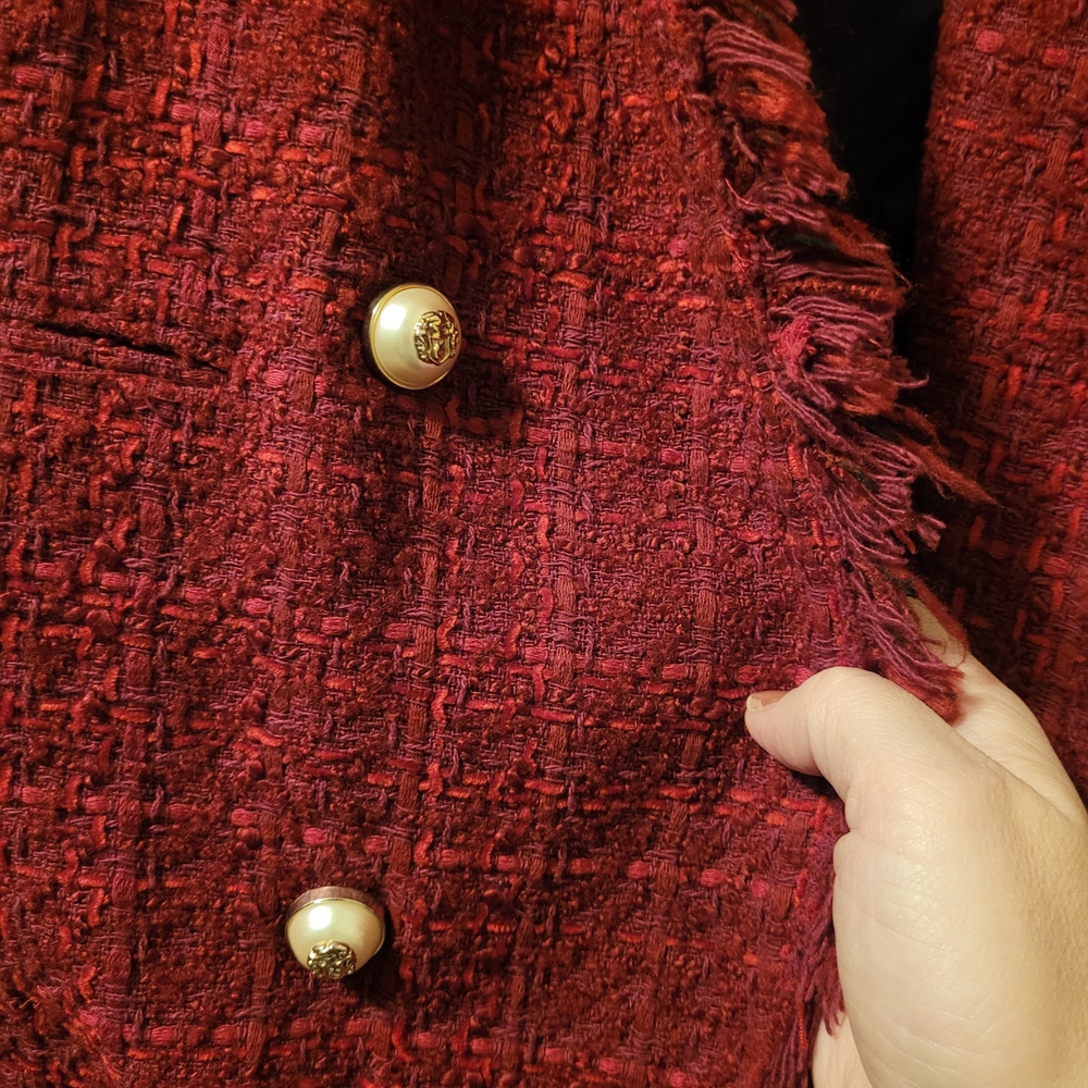 Zara Blogger Favorite Burgundy Red Frayed Tweed Boucle Jacket Size S - Picture 12 of 15